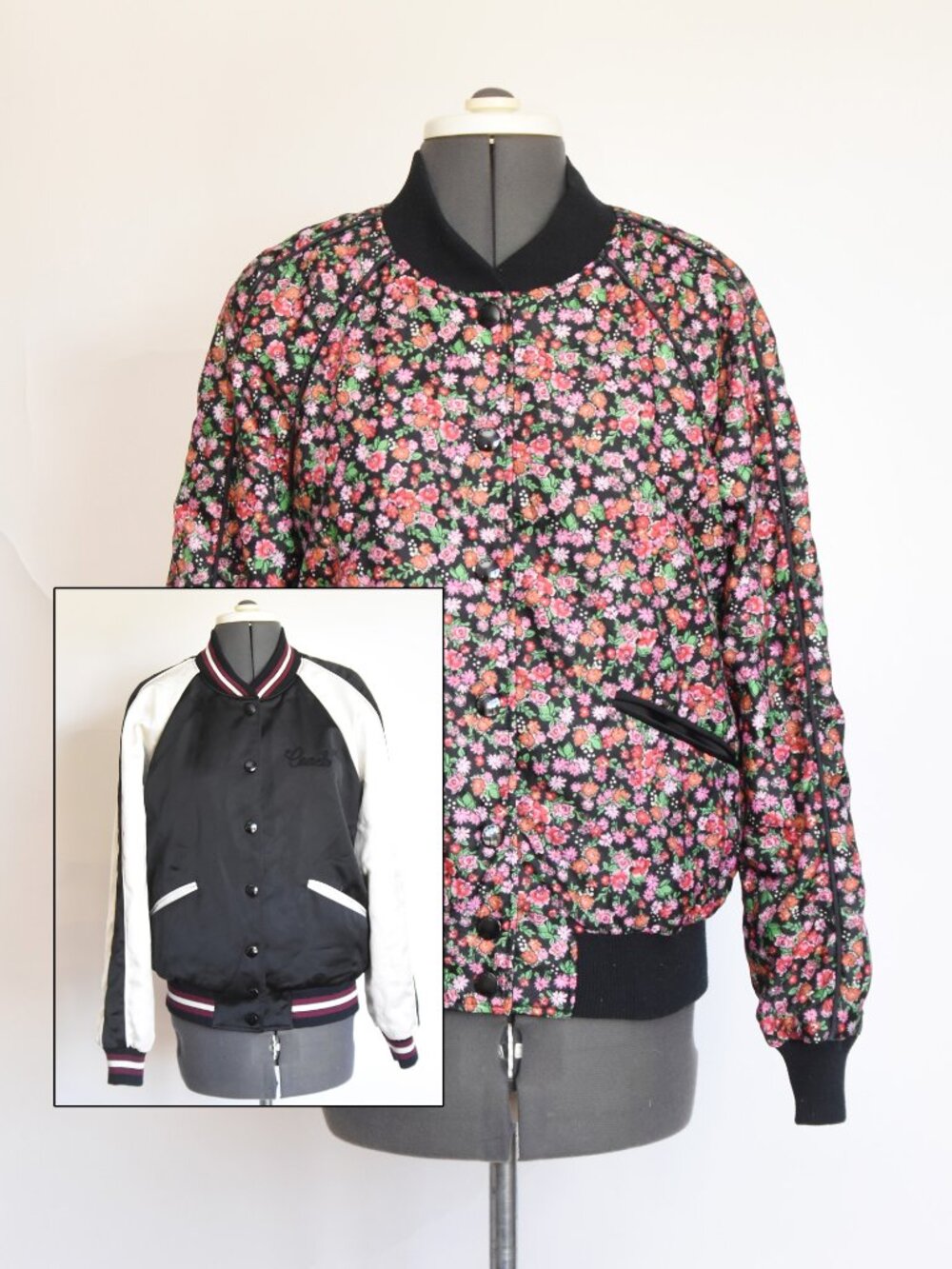 Coach Reversible Varsity Bomber Jacket Floral Satin Black Red Pink Size M